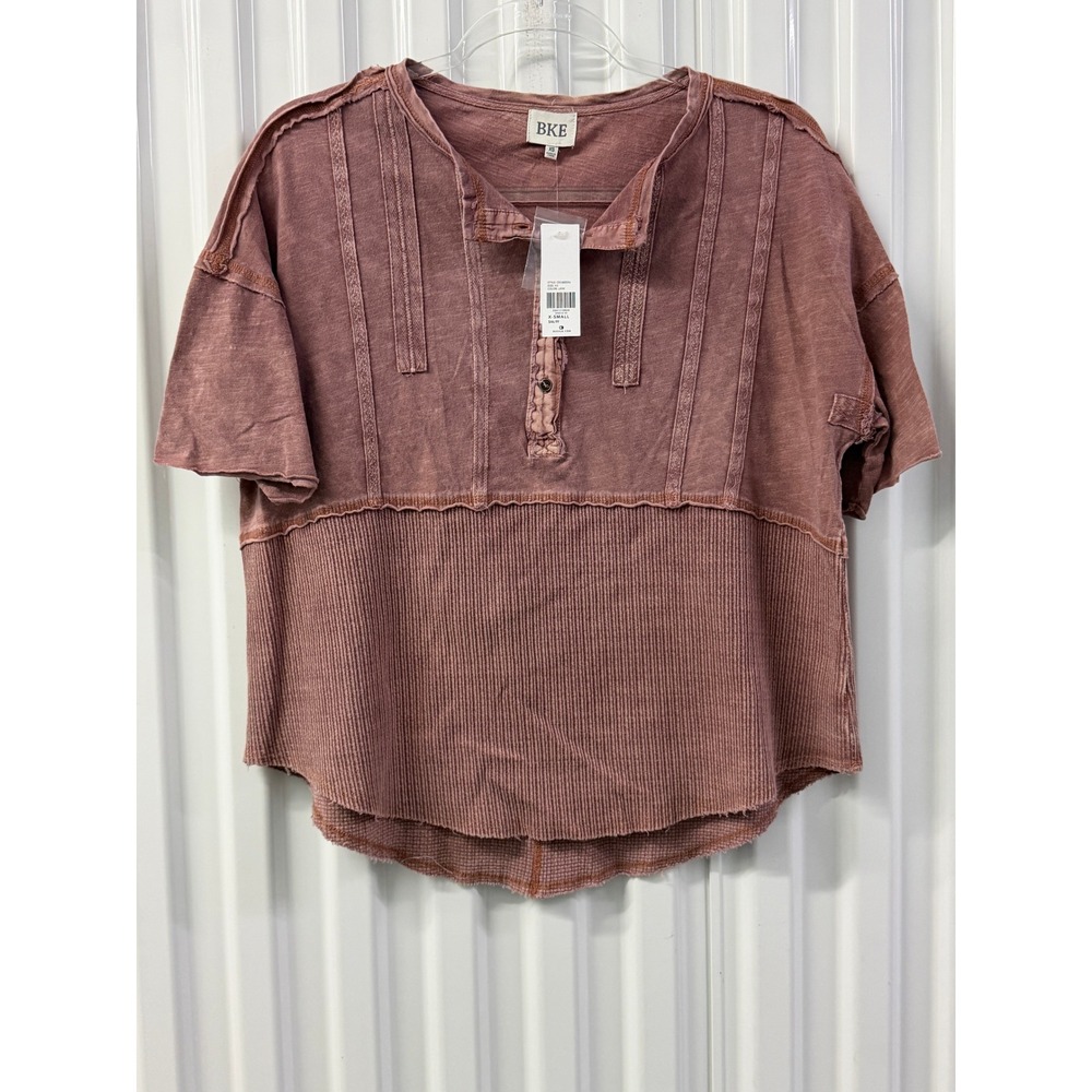 BKE Henley Top Womens XS Mauve NEW Mixed Media Ribbed Mineral Wash CD1665BU